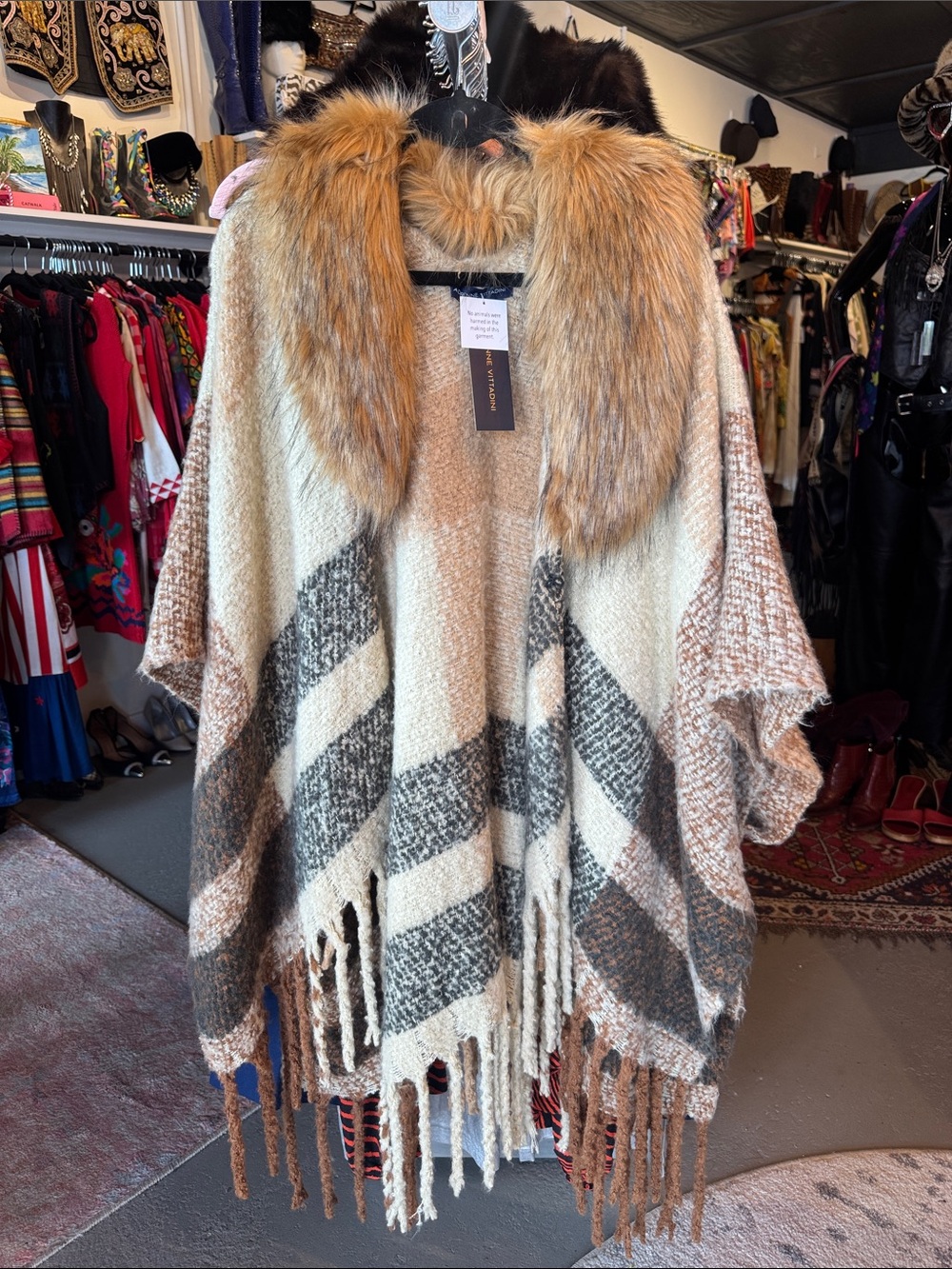 Faux Fur Collar Plaid Fringe Poncho - Beige & Brown